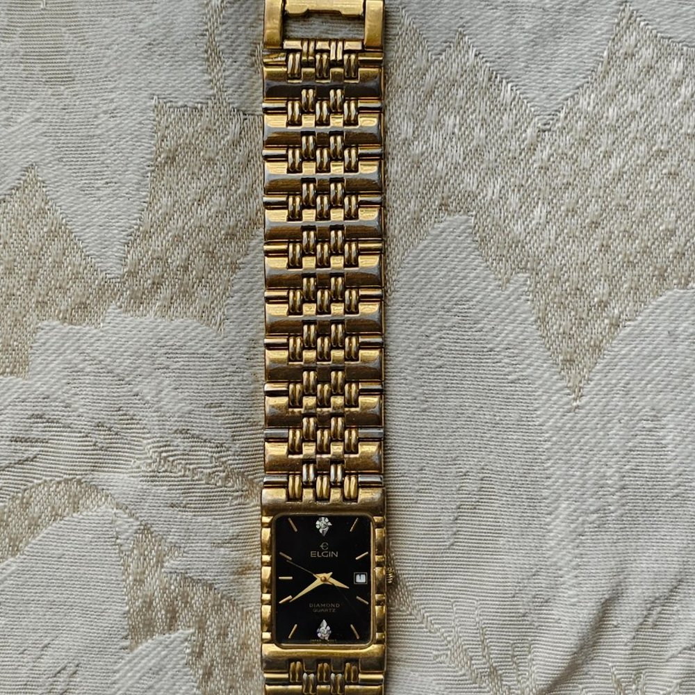 Elgin Black and Gold Tone Diamond Quartz Stainless Steel Watch - Picture 10 of 16